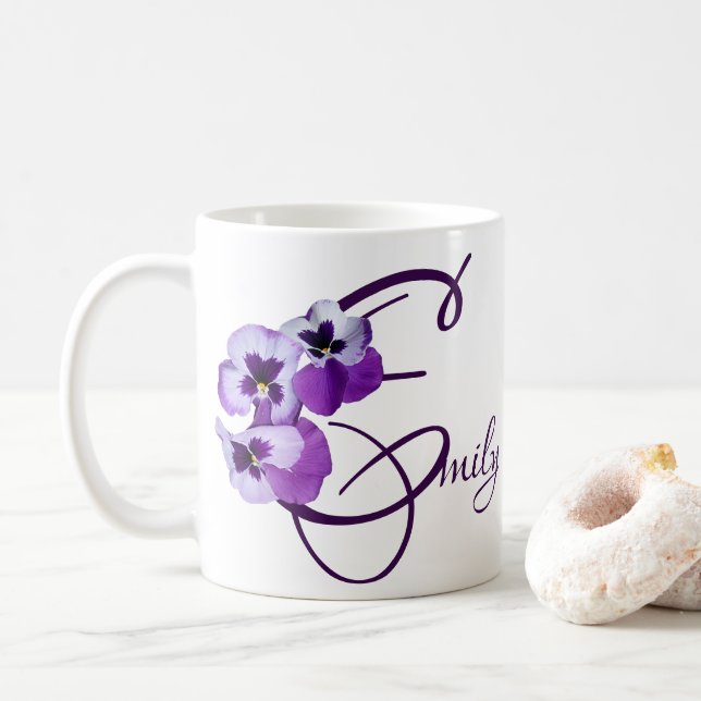 Taza De Café Morado pansy floral Emily nombre personalizable bo (Con donut)