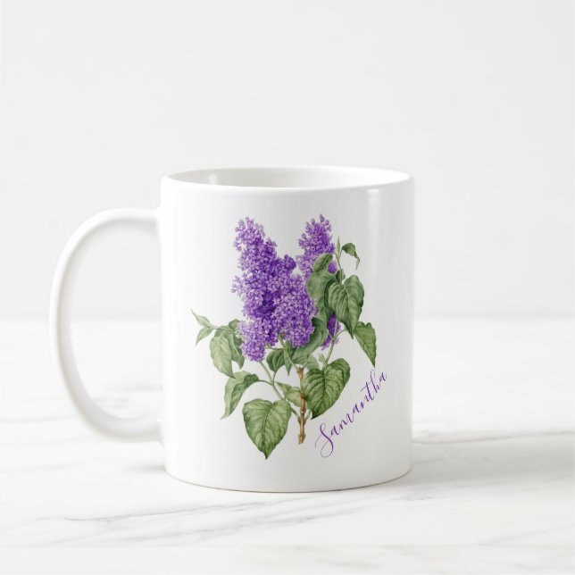 Taza De Café Morado Verde Lilac Flor Nombre personalizado Botán (Izquierda)