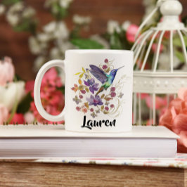Taza De Café Morado y azul acuarela Hummingbird Coff floral