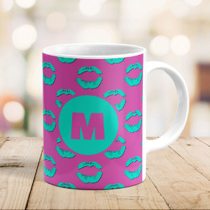 Taza De Café Morado y turquesa XOXO Labios besándose Personaliz
