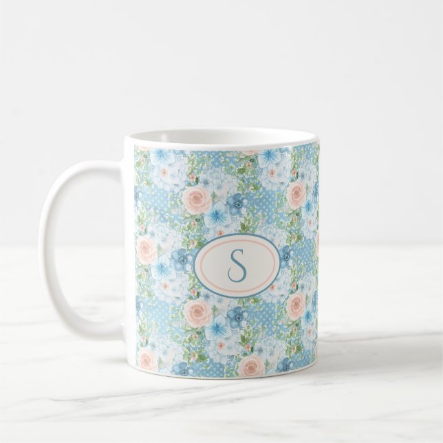 Taza De Café Moraleja floral de monograma rosa azul rustico Chi (Izquierda)