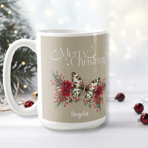 Taza De Café Morerry Christmas Vintage Butterfly Poinsettia