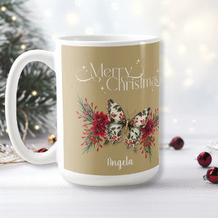 Taza De Café Morerry Christmas Vintage Butterfly Poinsettia
