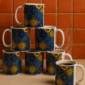 Taza De Café Moro Marroquí Patrón Azul y Dorado Elegante