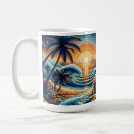 Taza De Café Mosaic Ai Art | Atardecer oceánico y palmeras