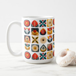 Taza De Café Mosaico floral de arte popular en colores retro