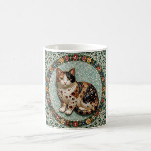 Taza De Café Mosaico Floral de Gato Calico de Estilo Antiguo Fi