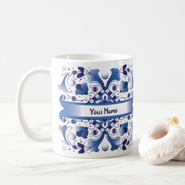 Taza De Café Mosca de mosaico azul y blanco italiano (Con donut)