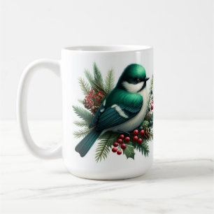 Taza De Café Motif de feriado de aves esmeraldas y bayas