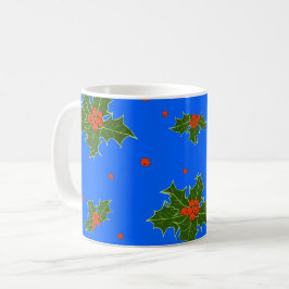 Taza De Café Motif de los Navidades Holly (Ilex) sobre fondo az