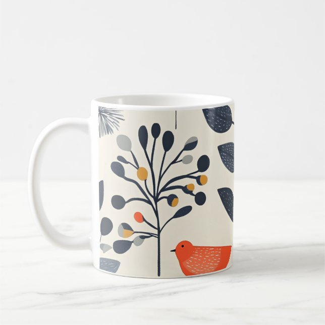 Taza De Café 🌿 Motif Nature Scandinave avec Oiseau 🐦 (Izquierda)