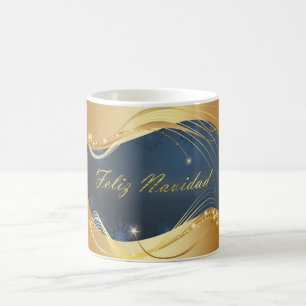 Taza De Café Motivo navideño dorado con fondo azul...