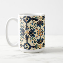 Taza De Café Moto floral azul y oro artesanal