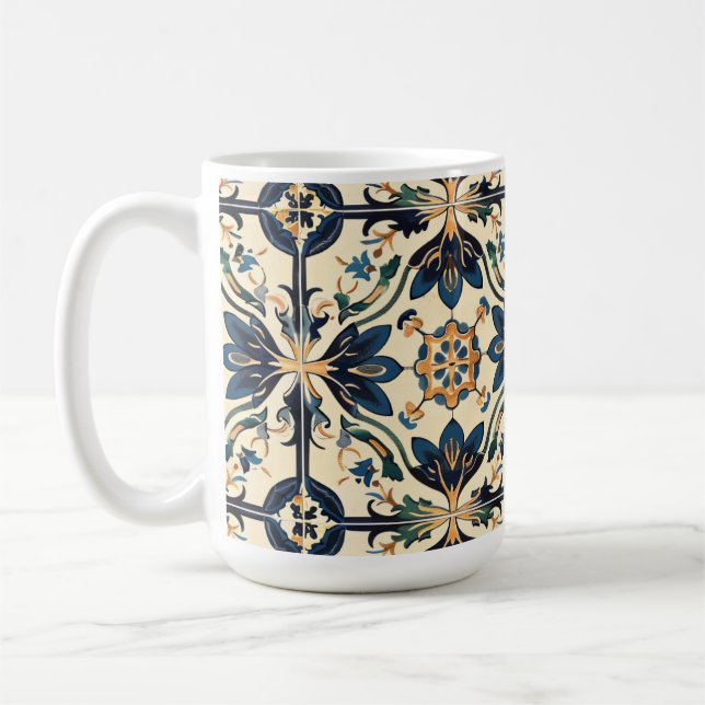 Taza De Café Moto floral azul y oro artesanal (Izquierda)