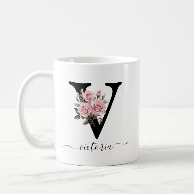 Taza De Café Motograma inicial V Monograma Flor Flor Rosa Rosad (Izquierda)