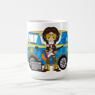 Taza De Café Muchacho del Hippie con la guitarra y la