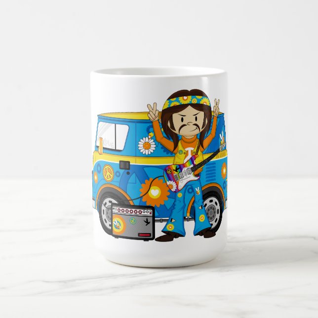 Taza De Café Muchacho del Hippie con la guitarra y la (Centro)