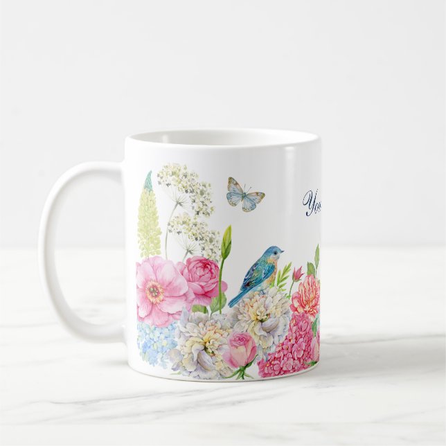 Taza De Café Muelle rosa azul floral verde rosa (Izquierda)