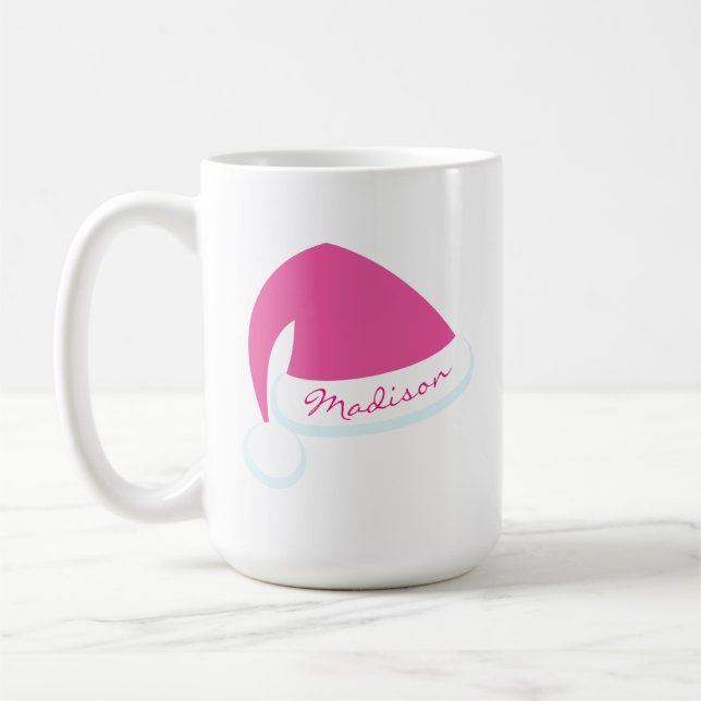 Taza De Café Muerga navideña personalizada de Santa Hat rosa (Izquierda)