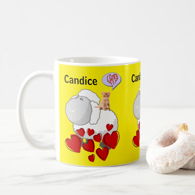 Taza De Café Mug Amarilla de Corazón Rojo Oveja (Con donut)