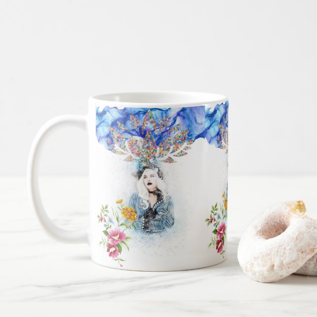 Taza De Café Mug azul floral victoriana (Con donut)
