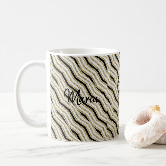 Taza De Café Mug Beige White Black Stripe (Con donut)