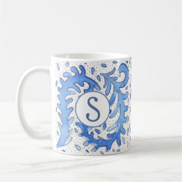 Taza De Café Mug Bohemiana Monogramada Azul y Blanco Personaliz