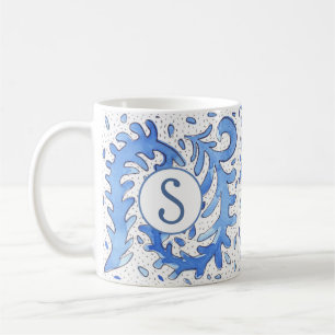 Taza De Café Mug Bohemiana Monogramada Azul y Blanco Personaliz