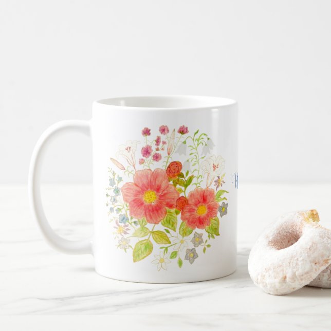 Taza De Café Mug Clásica Floral Con Texto (Con donut)