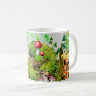 Taza De Café Mug con acuarela Bosque champiñones Planta Verde