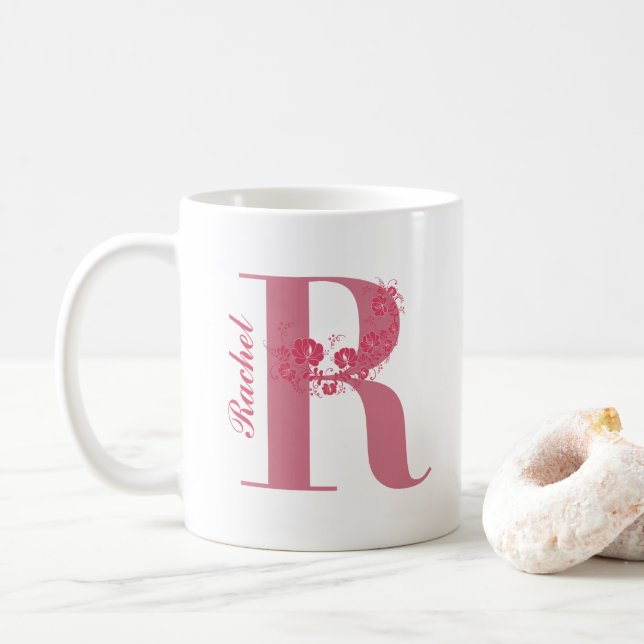 Taza De Café Mug Con Letra Floral Monogramo R (Con donut)