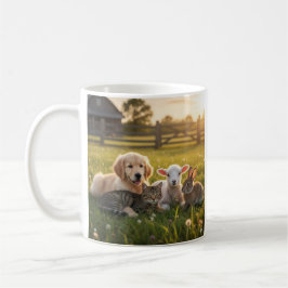 Taza De Café Mug Cute pets group, Golden Retriever and cat.