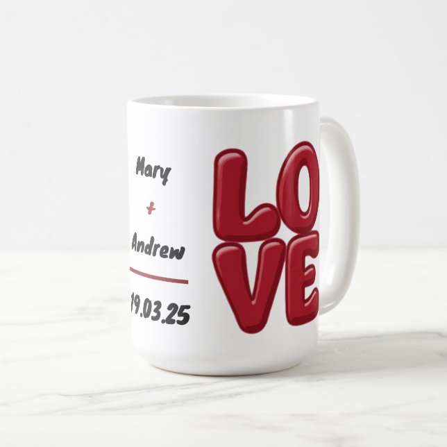 Taza De Café Mug de amor rojo personalizado con nombres y fecha (Anverso derecho)