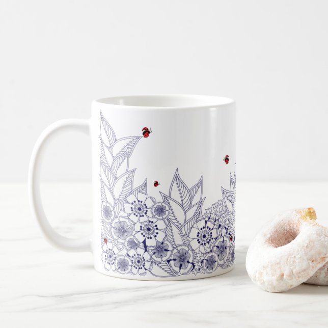 Taza De Café Mug de borde botánico floral azul (Con donut)