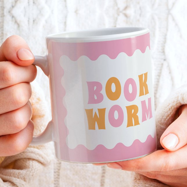 Taza De Café Mug de café para el libro de gusanos de libro (Book Lover Mug, with book worm in pink and orange. Great gift for book lover.)