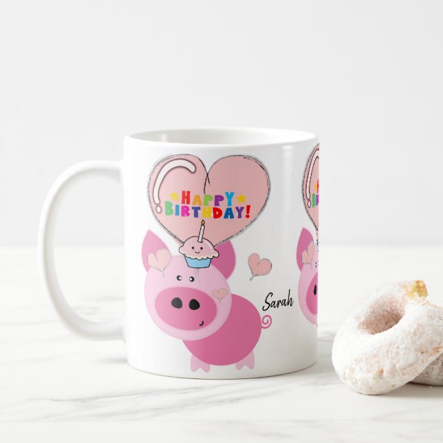 Taza De Café Mug de cerdo feliz cumpleaños Mug (Con donut)