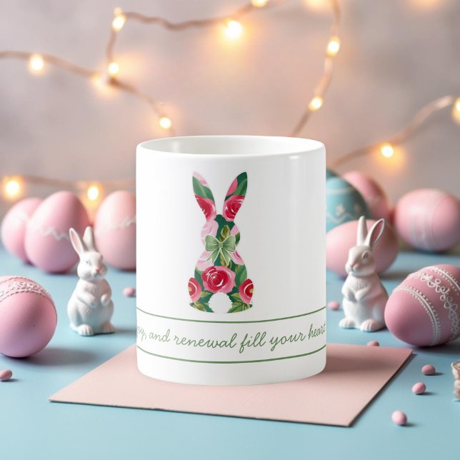 Taza De Café Mug de conejito de Pascua personalizada con diseño (Personalized Easter Bunny Mug with Floral Design)