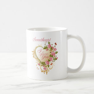 Taza De Café Mug De Corazón Floral Rosa Y Oro