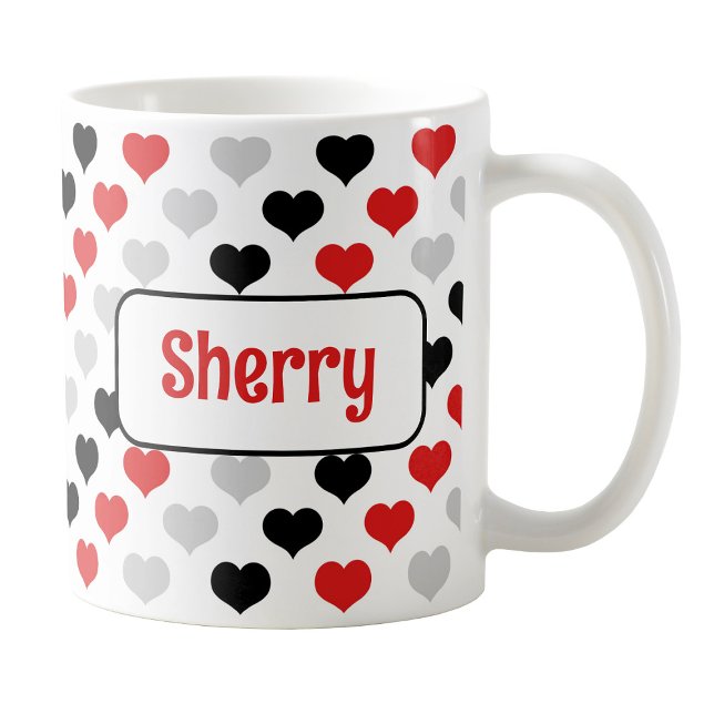 Taza De Café Mug de corazón rojo negro personalizado (Personalized Black Red Hearts Mug at Amy's Coffee Mugs on Zazzle. )