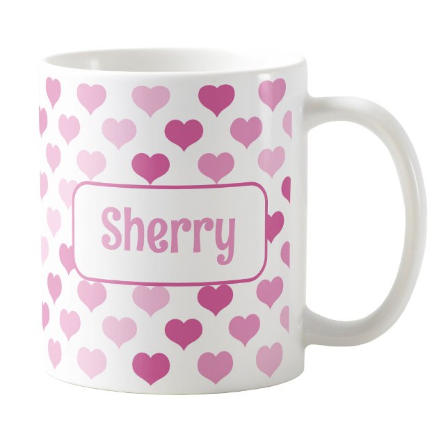 Taza De Café Mug de corazón rosado personalizado (Personalized Pink Hearts Mug at Amy's Coffee Mugs on Zazzle. )