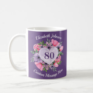 Taza De Café Mug de cumpleaños 80 con flores moradas para mujer