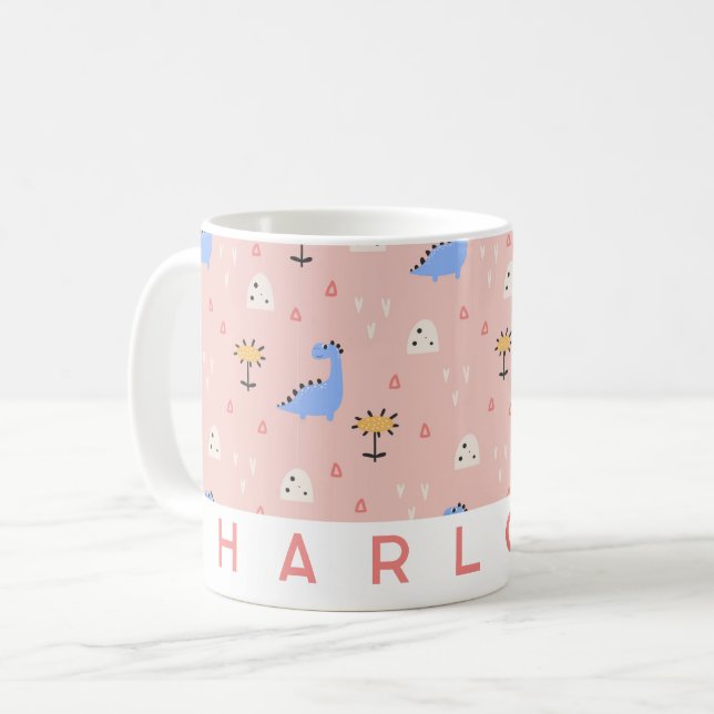Taza De Café Mug de dinosaurios rosados personalizada | Nombre  (Anverso izquierdo)