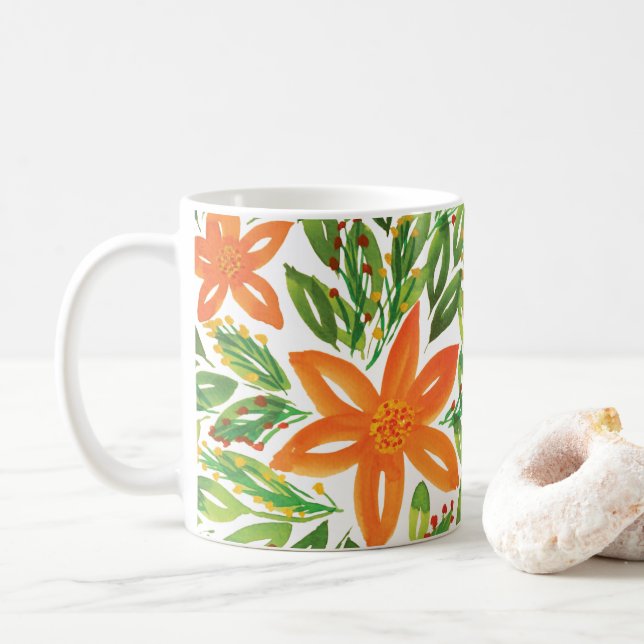 Taza De Café Mug de flores pintadas a mano y de vacaciones (Con donut)