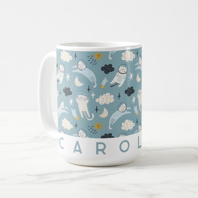 Taza De Café Mug de gatos espaciales personalizados | Nombre pe (Anverso izquierdo)