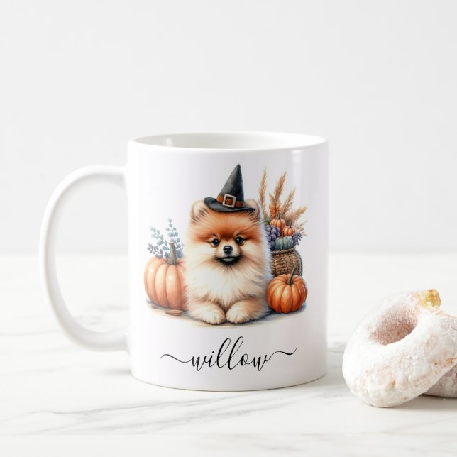 Taza De Café Mug de Halloween pomerana con nombre personalizado (Con donut)
