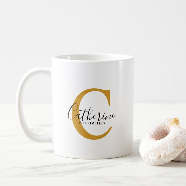 Taza De Café Mug de monograma amarillo oscuro personalizado clá (Con donut)