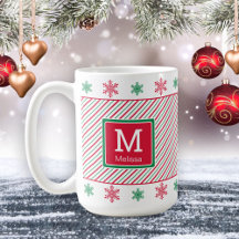 Mug de Navidades de monograma con tiras y copos de