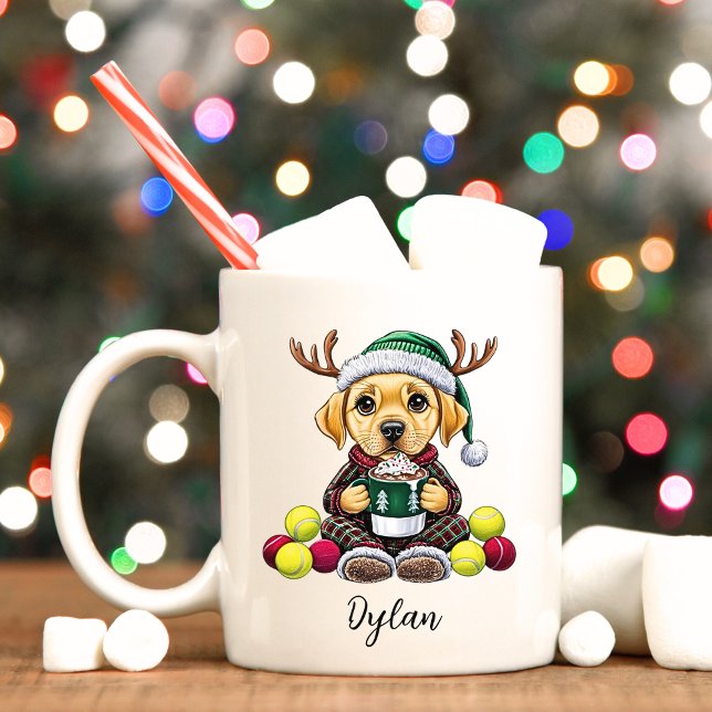 Taza De Café Mug. de Navidades personalizados del Yellow Lab Pu (Yellow Labrador personalized Christmas mug.)