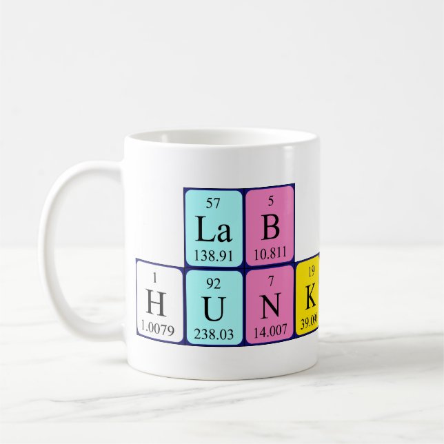 Taza De Café Mug de nombre de tabla periódica de Lab Hunk (Izquierda)