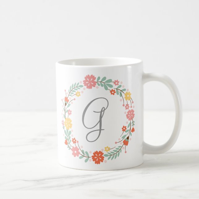 Taza De Café Mug de onograma de flor (Derecha)